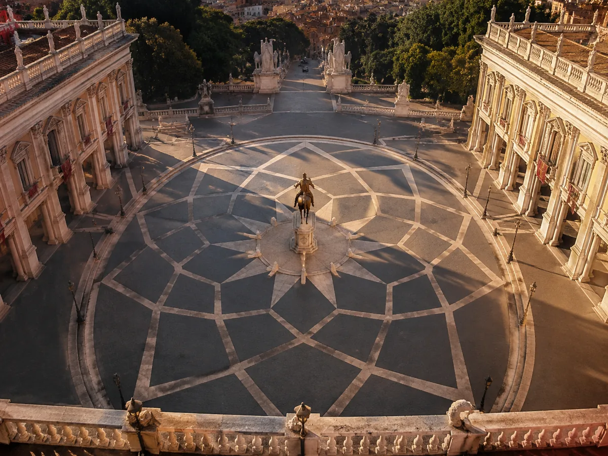 La trapezoidale Piazza del Campidoglio con la pavimentazione a stella a dodici punte