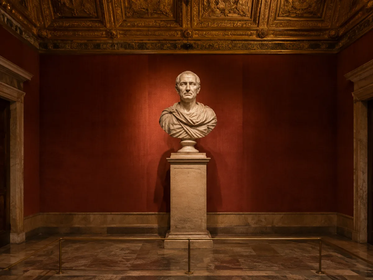 Un busto ritratto romano in marmo su un alto piedistallo in una sala dalle pareti rosse dei Musei Capitolini