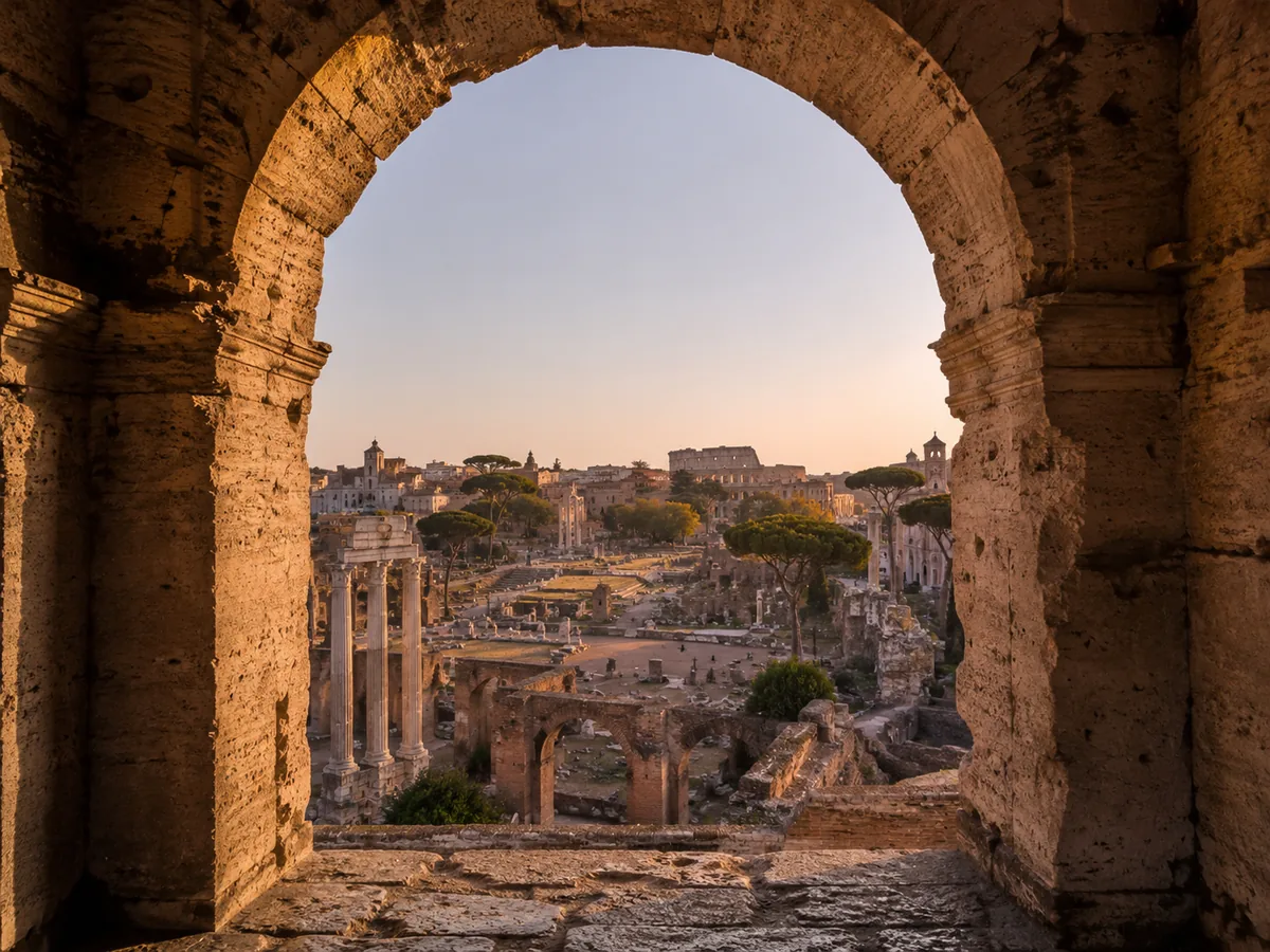 Il portico del Tabularium affacciato lungo il Foro Romano verso il Colosseo